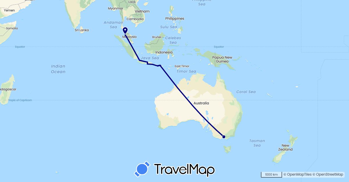 TravelMap itinerary: driving in Australia, Indonesia, Malaysia (Asia, Oceania)